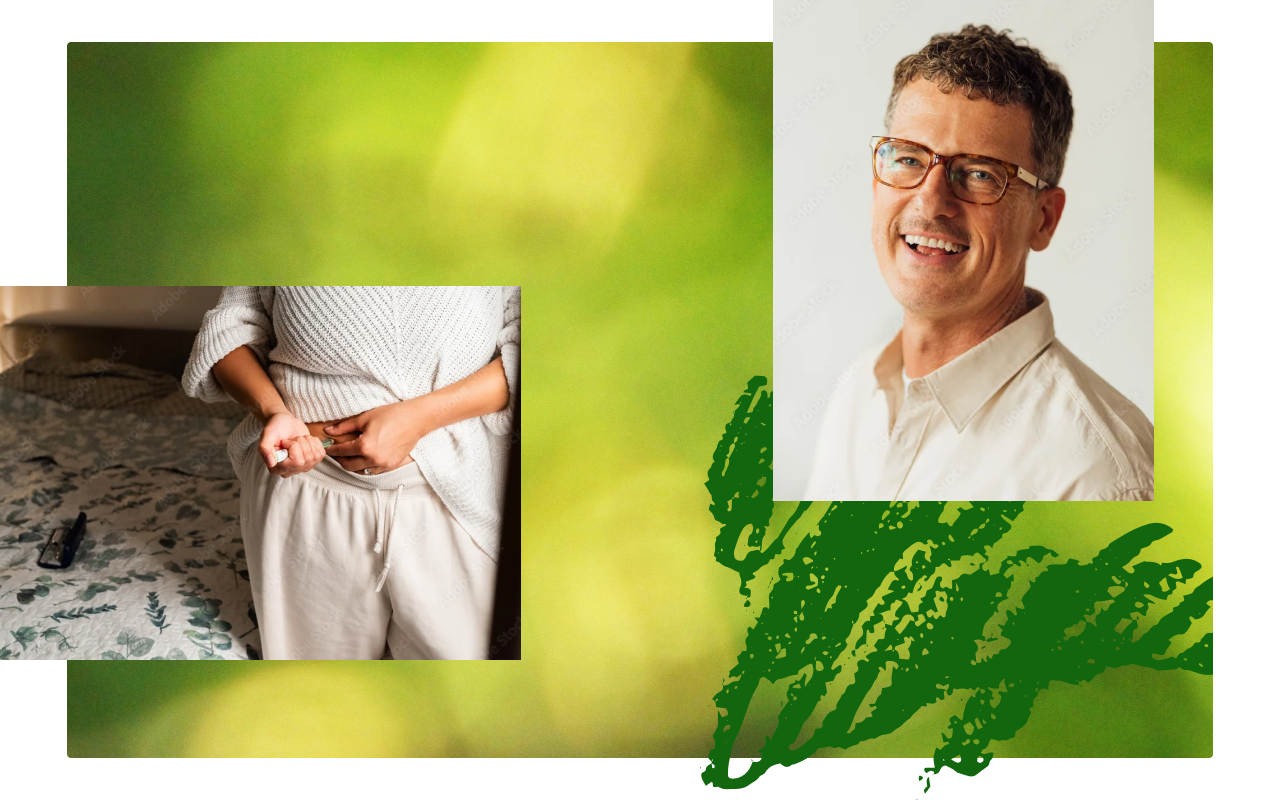 A study participant self-administering an injection at home, and a smiling man in glasses