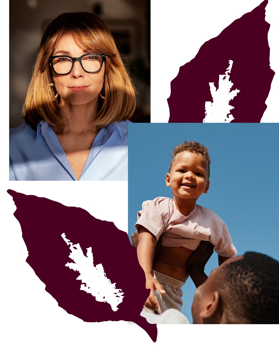 Collage of a woman in glasses and a joyful toddler being lifted into the air, with burgundy leaf graphics.